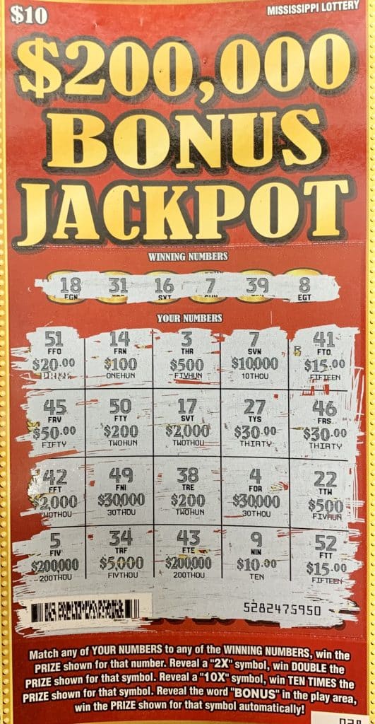 A Memphis man won $10,000 on a $200,000 Bonus Jackpot scratch-off game purchased at Sam’s Corner Kitchen on W. Jackson St., Tupelo.