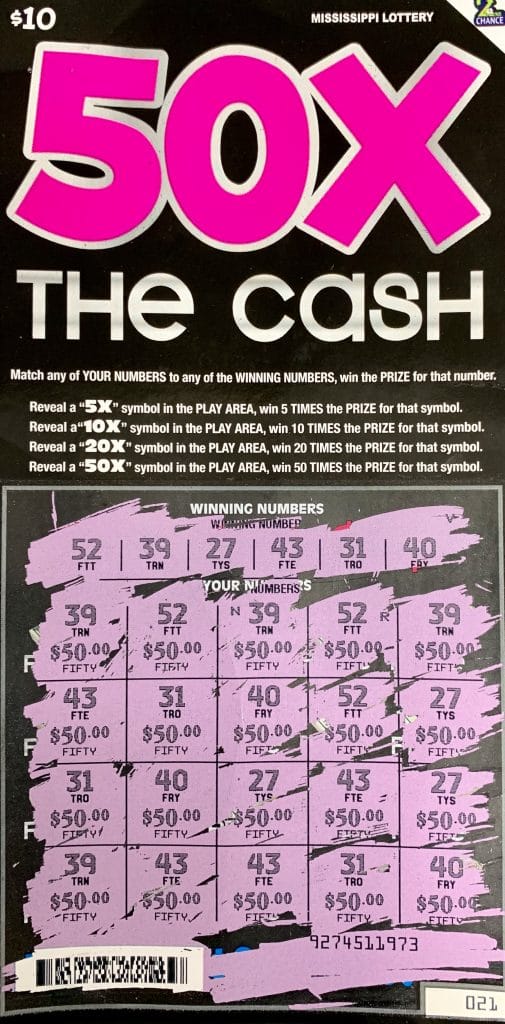 A Dora, Ala., man won $1,000 on a 50x the Cash scratch-off game purchased at Raceway on Hwy. 63, Moss Point.