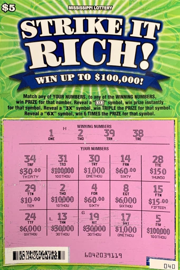 A Flowood player won $10,000 on a Strike It Rich scratch-off game purchased at J & R International on Hwy. 51, Ridgeland.