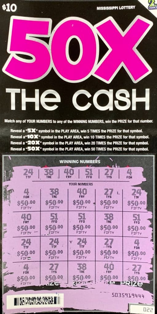 A Vaiden man won $1,000 on a 50x the Cash scratch-off game purchased at Jasco I-55 on MS Hwy. 35, Vaiden.