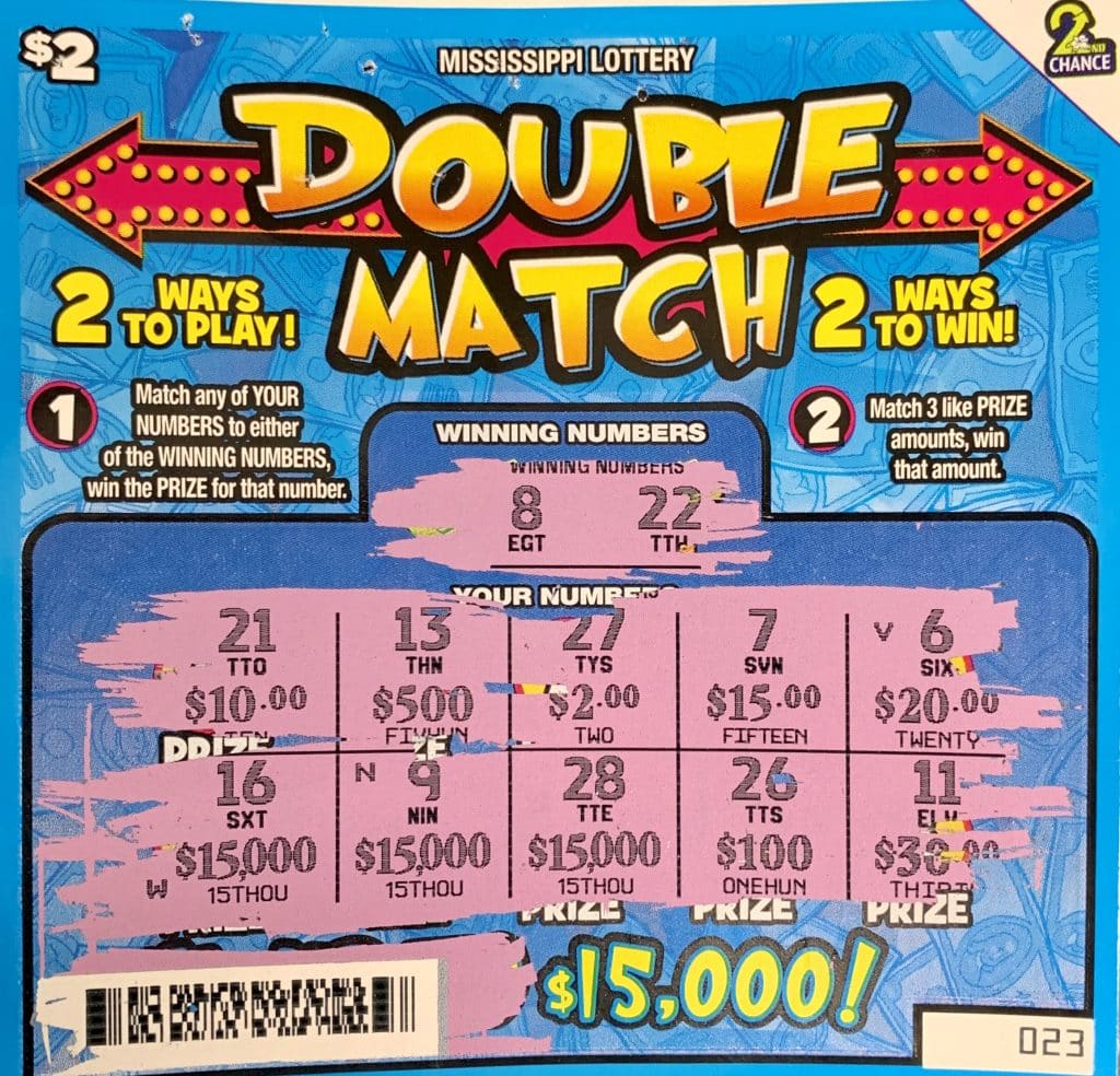 A Water Valley player won $15,000 on a Double Match scratch-off game purchased at Oxford Junction on MS-7, Oxford.