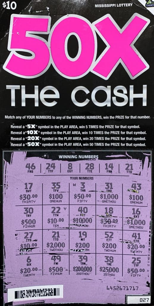 A Jackson player won $2,000 on a 50X The Cash scratch-off game purchased from I-55 Quick Stop LLC on E. Beasley Rd., Jackson.