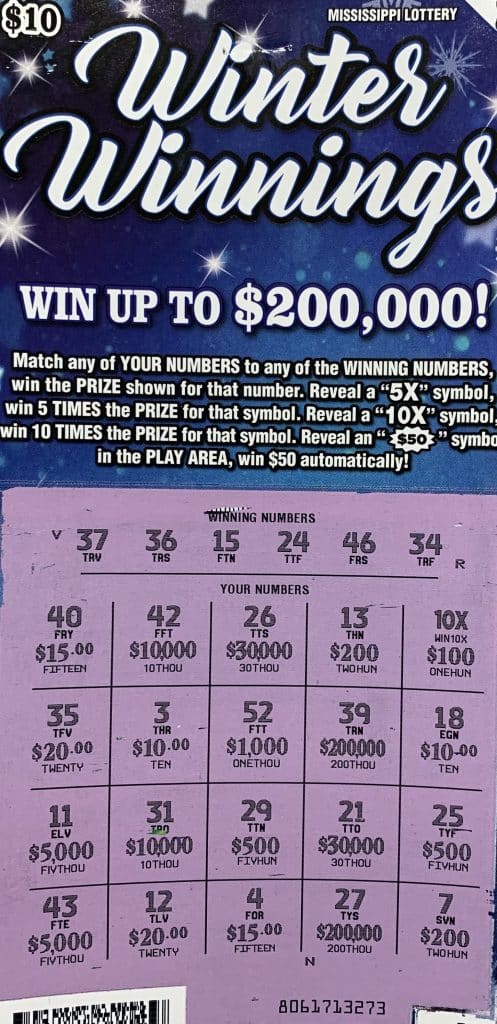 A Jayess man won $1,000 on a Winter Winnings scratch-off game purchased from Bluesky Store #492 on HWY 27 S., Monticello.