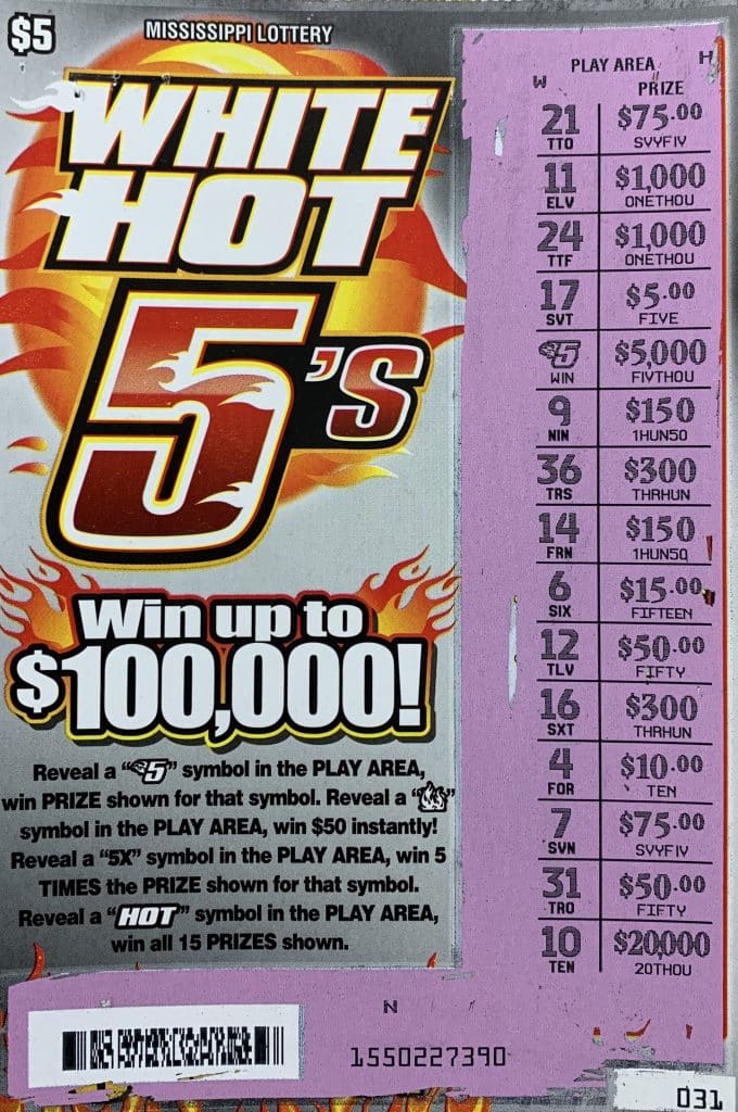 A Lawrence County player won $5,000 on a White Hot 5s scratch-off game purchased from Fleetway 168 on HWY 13 N., Columbia.