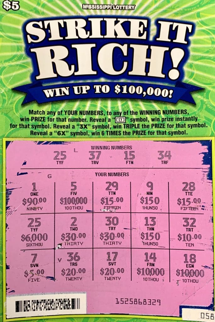 A Marion, AR., woman won $6,000 on a Strike it Rich scratch-off game purchased from Sunlight Express LLC on Getwell Rd., Southaven.