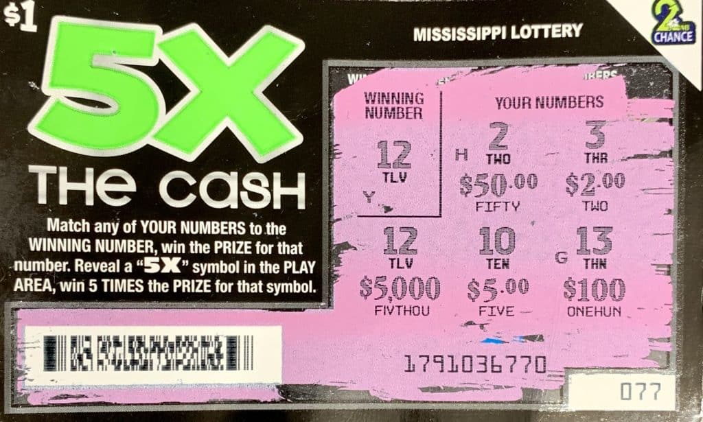 A Port Gibson man won $5,000 on a 5X the Cash scratch-off game purchased from 5 Star Port Gibson LLC on Highway 61 N., Port Gibson.