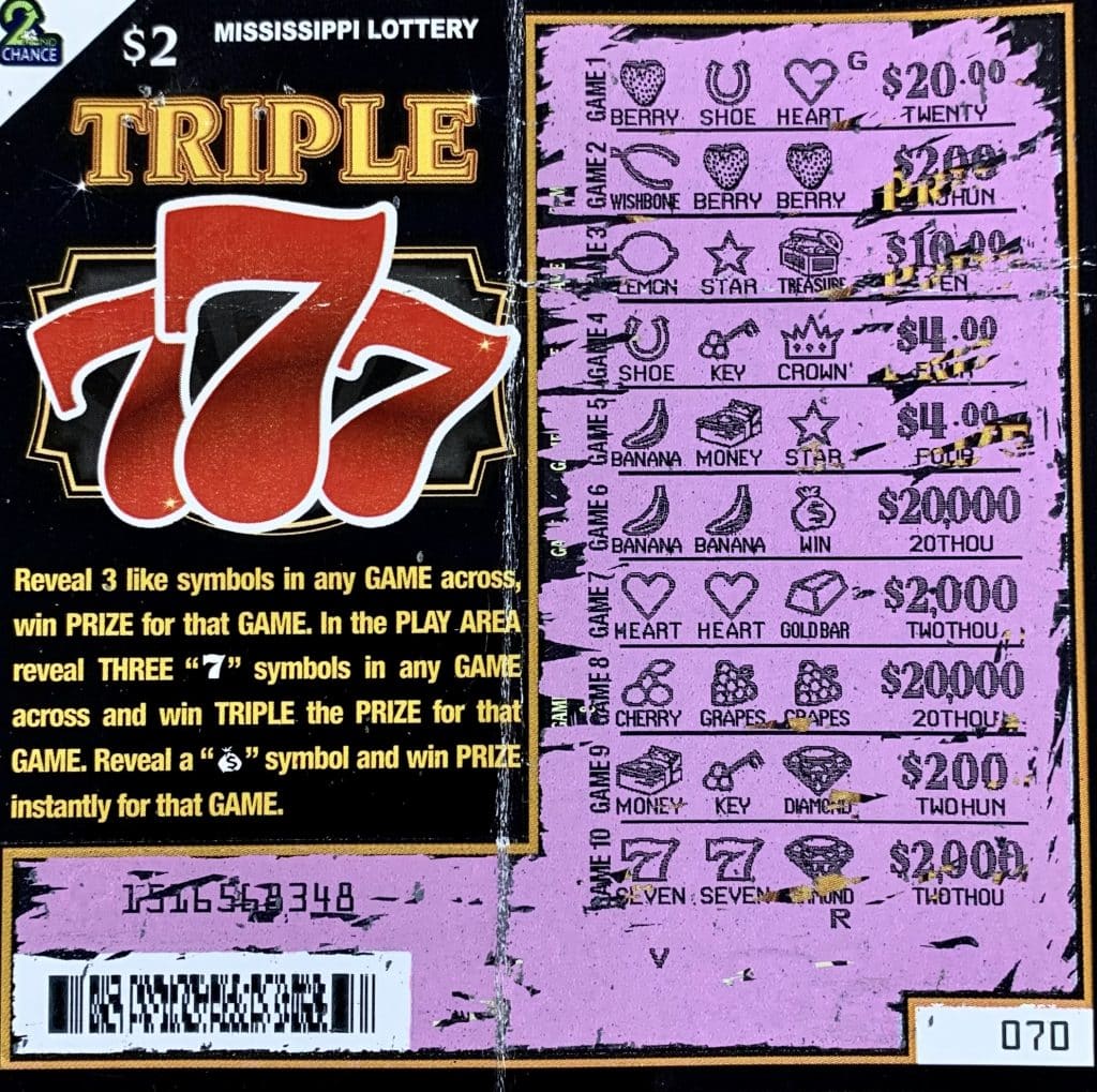 A George County man won $20,000 on a Triple 7s scratch-off game purchased at R & R Market on Winter St., Lucedale.