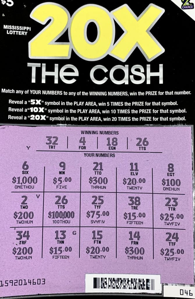 A Mendenhall woman won $100,000 on a 20X the Cash scratch-off game purchased from Tobacco Market #5 on Simpson HWY 149, Mendenhall.