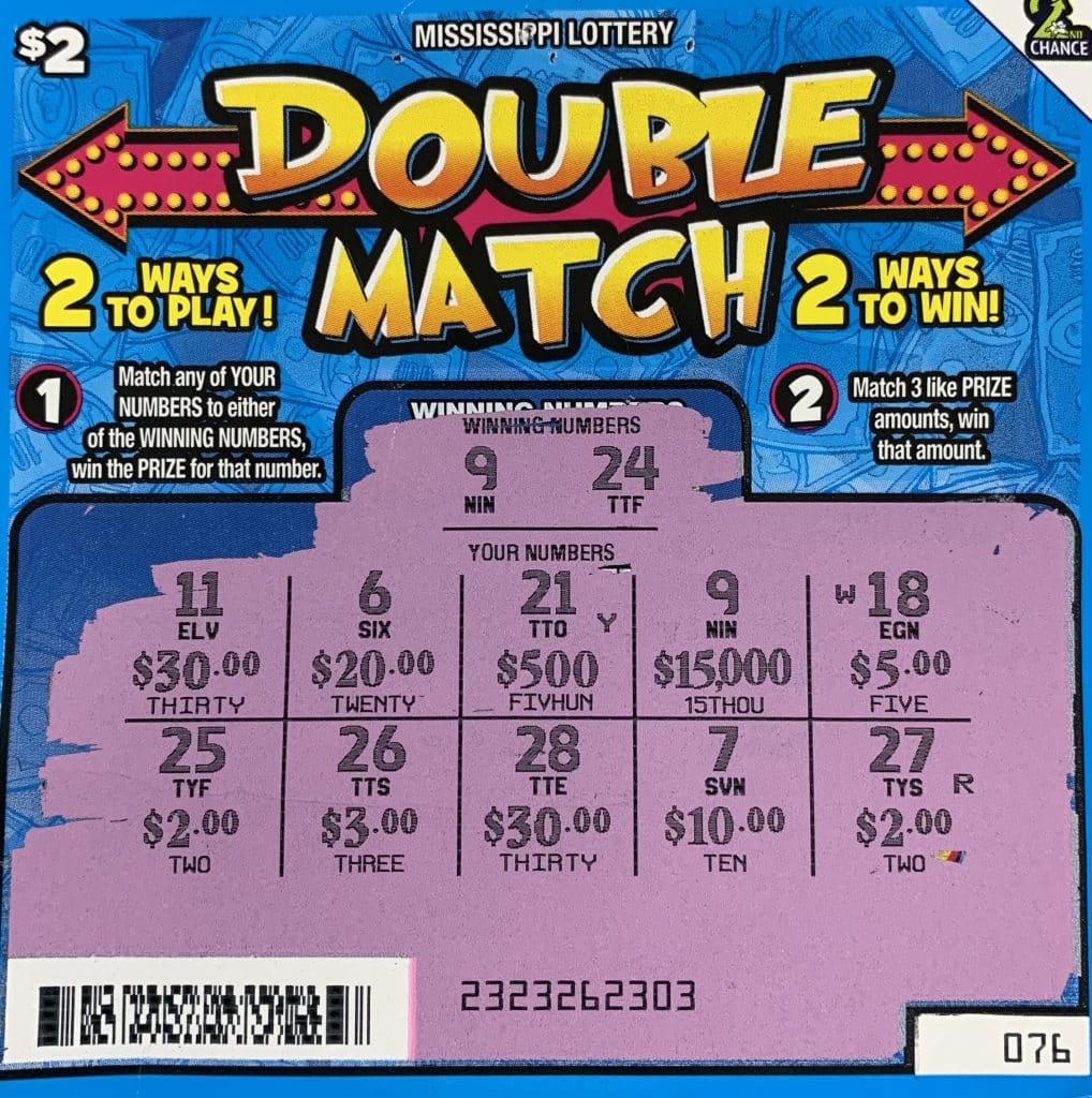 A Jackson man won $15,000 on a Double Match scratch-off game purchased from Fleetway 169 on Beulah Ave., Tylertown.