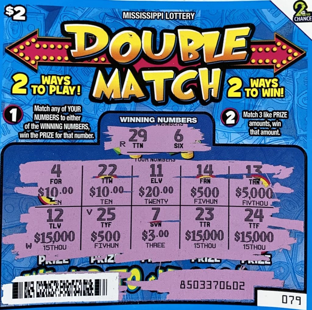 A Jackson woman won $15,000 on a Double Match scratch-off game purchased from Race Time on S. Pearson, Pearl.