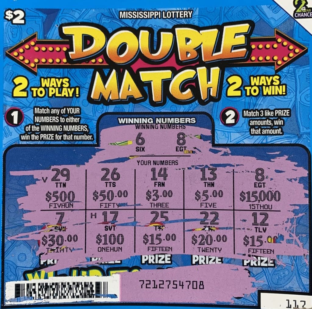 A Vicksburg woman won $15,000 on a Double Match scratch-off game purchased from Suds N Smokes on Halls Ferry Rd., Vicksburg.