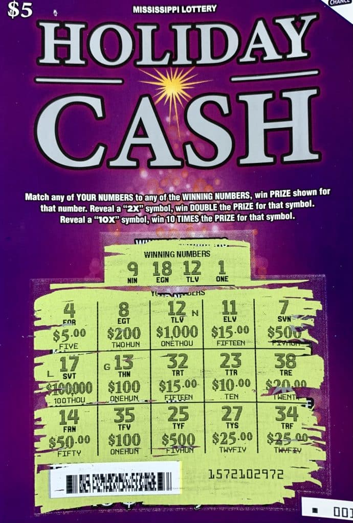 A Carrolton, Ala., player won $1,000 on a Holiday Cash scratch-off game purchased from B and B Food Mart Store on Old HWY 145 AL., Brooksville.