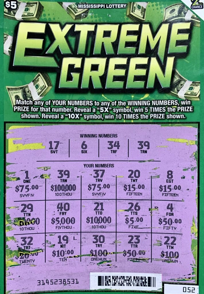 A Benton County man won $100,000 on an Extreme Green scratch-off game purchased from Murphy Oil on Alexander Rd., Holly Springs.