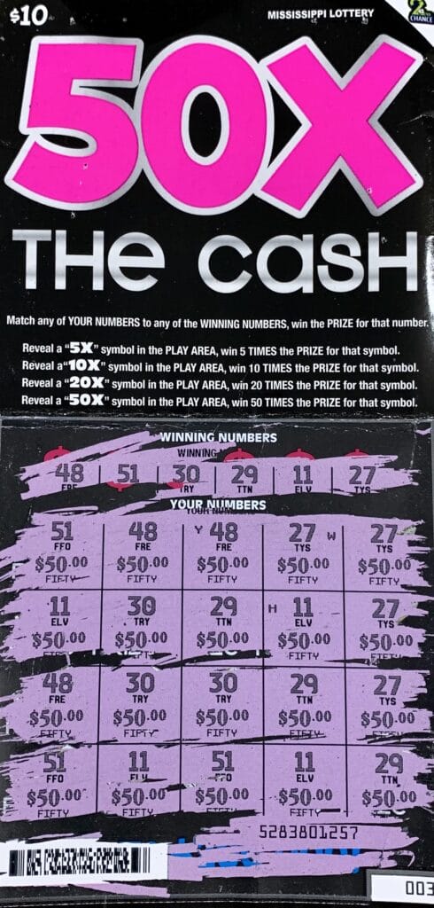 A Blue Springs man won $1,000 on a 50x the Cash scratch-off game purchased at NA Quick Mart on E. Bankhead St., New Albany.