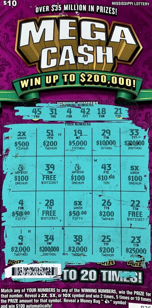 A Calhoun County man won $2,000 on a Mega Ca$h scratch-off game purchased at Vardaman One Stop on E. Sweet Potato St., Vardaman.