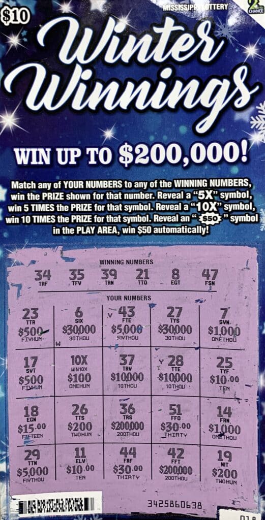 A Gautier player won $1,000 on a Winter Winnings scratch-off game purchased at Fayard’s Marathon on Gautier Vancleave Rd., Gautier.