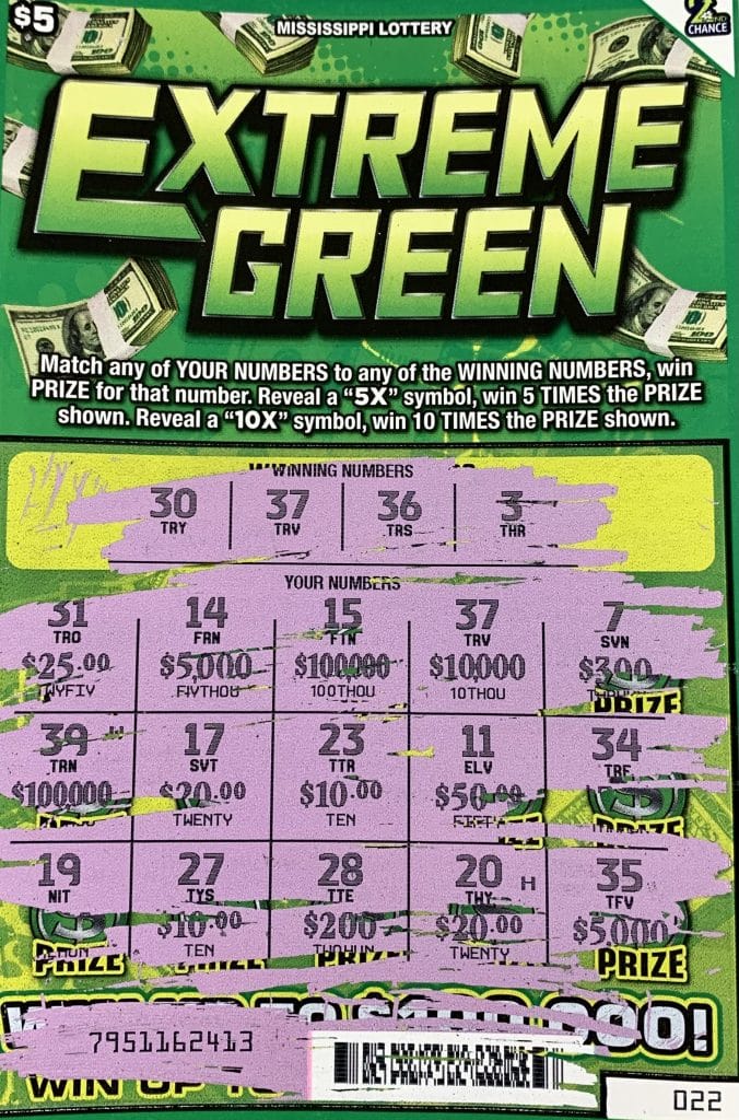 A Hinds County woman won $10,000 on an Extreme Green scratch-off game purchased from Quik Fill on HWY 49 S., Richland.