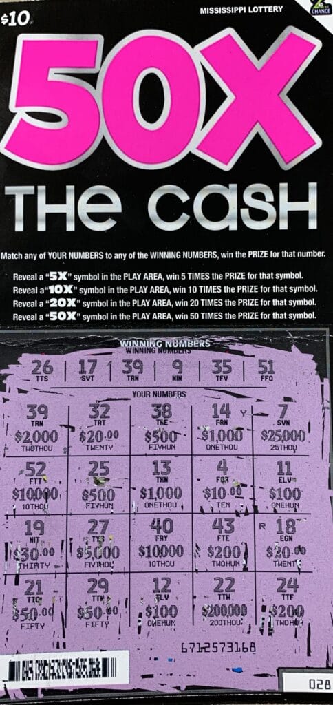 A Jones County man won $2,000 on a 50x the Cash scratch-off game purchased from Lake Serene Grocery on Evelyn Gandy Pkwy., Hattiesburg.