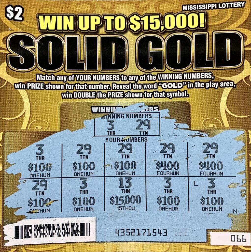 A Lawrence County woman won $1,500 on a Solid Gold ticket purchased from Bluesky Store #400 on Hwy. 27, Crystal Springs,