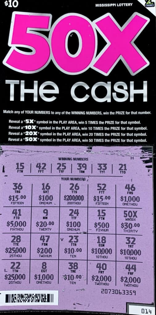 A Lee County woman won $2,000 on a 50x the Cash scratch-off game purchased from Mooreville One Stop on Hwy. 178, Mooreville.