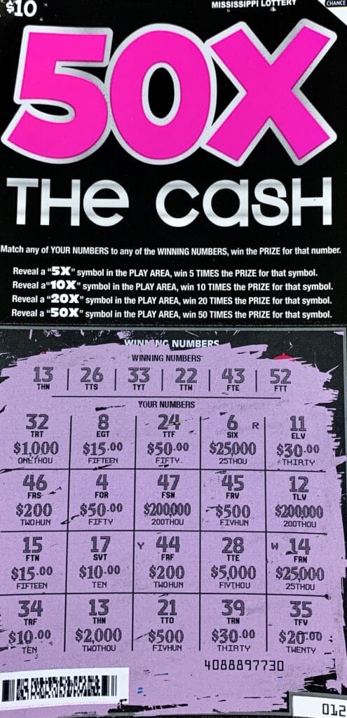 A Lucedale woman won $2,000 on a 50x the Cash scratch-off game purchased from Wayne Lee’s #2 on Old 63 S., Lucedale.