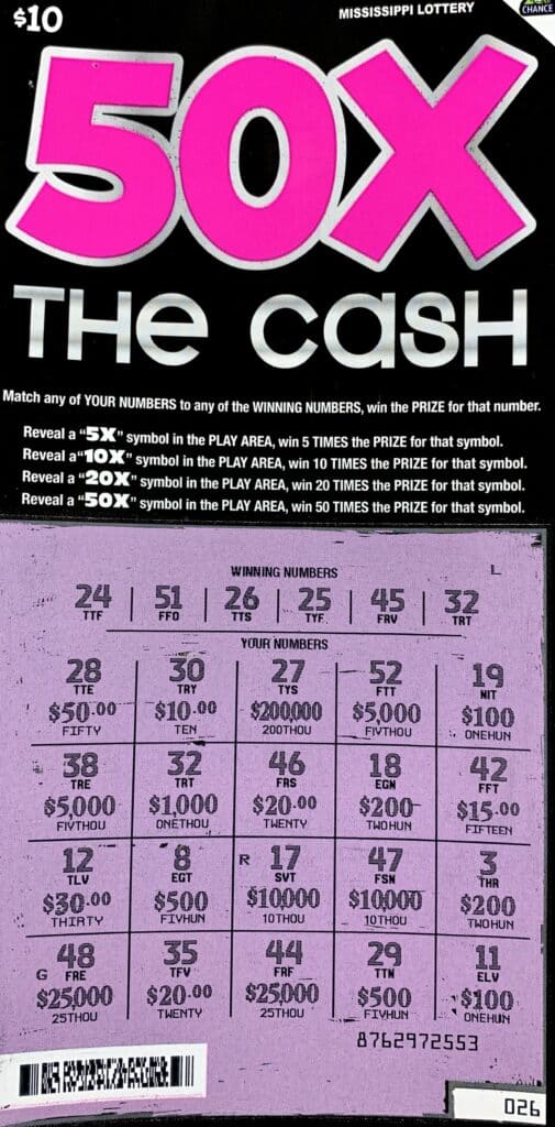 A Magee woman won $1,000 on a 50x the Cash scratch-off game purchased from Fast Mart on Hwy. 495, Magee.