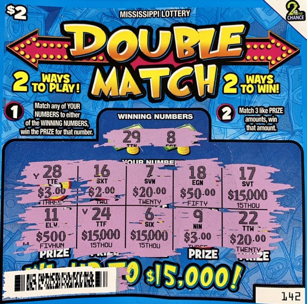 An Ocean Springs woman won $15,000 on a Double Match scratch-off game purchased from Clark Oil on Bienville Blvd., Ocean Springs.