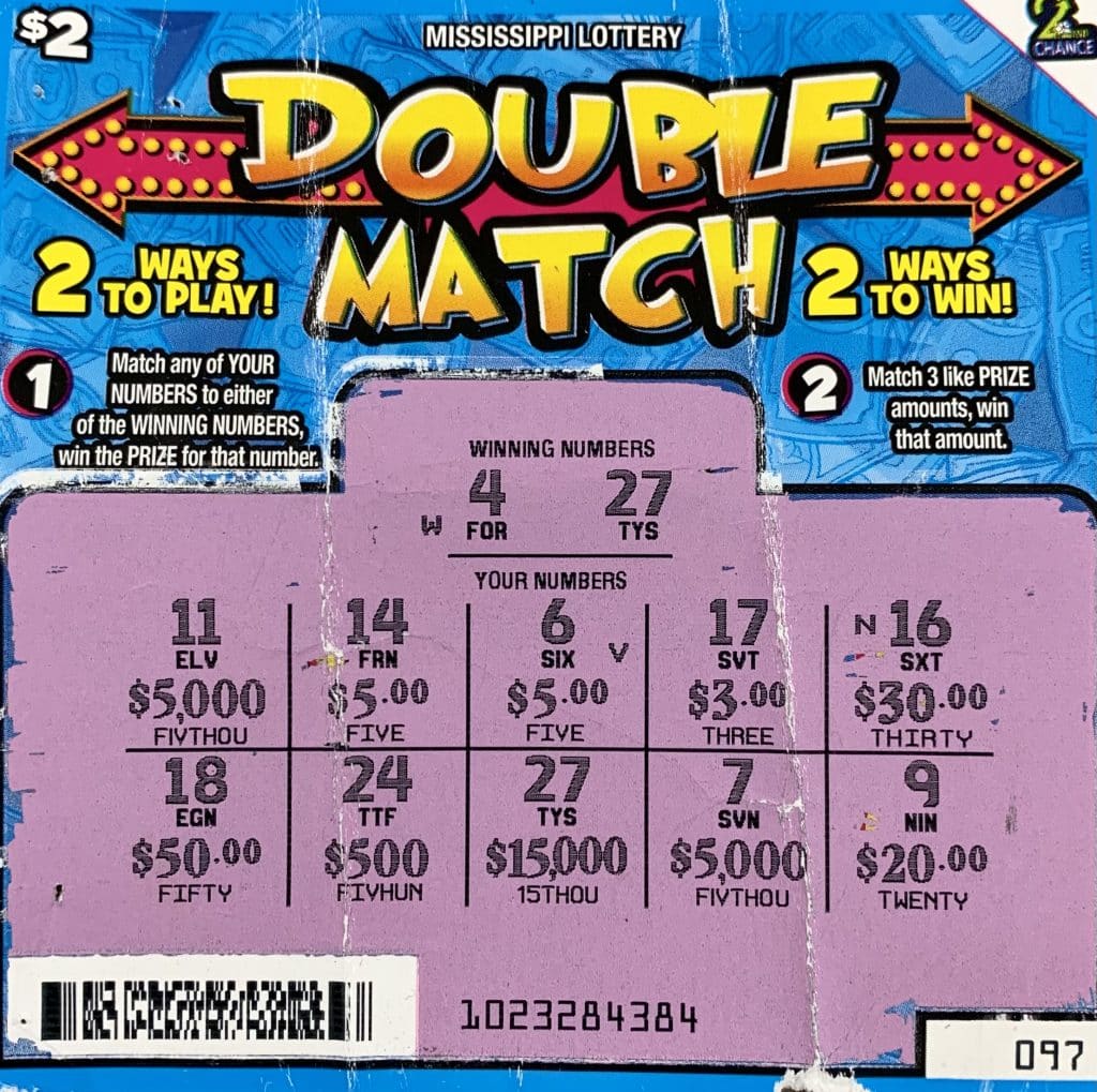 A Pascagoula woman won $15,000 on a Double Match scratch-off game purchased from Jerry Lee’s Grocery #1 on Ingalls Ave., Pascagoula.