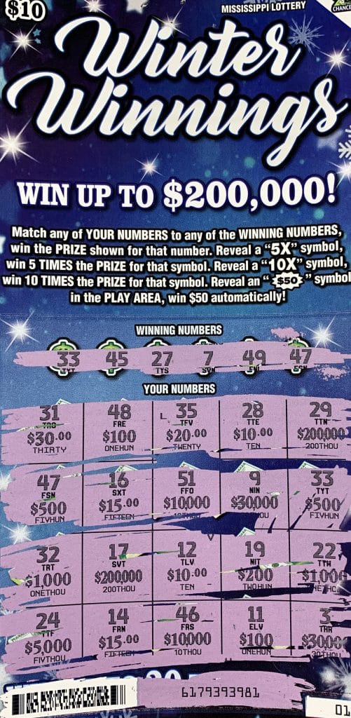 A Richton man won $1,000 on a Winter Winnings scratch-off game purchased from Tater’s Chevron on Dogwood Ave., Richton.