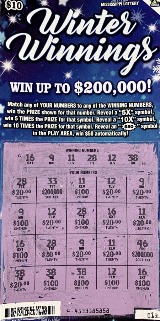 A Starkville woman won $1,000 on a Winter Winnings scratch-off game purchased from Starkville Fast Break INC on MS Hwy. 182 W., Starkville.