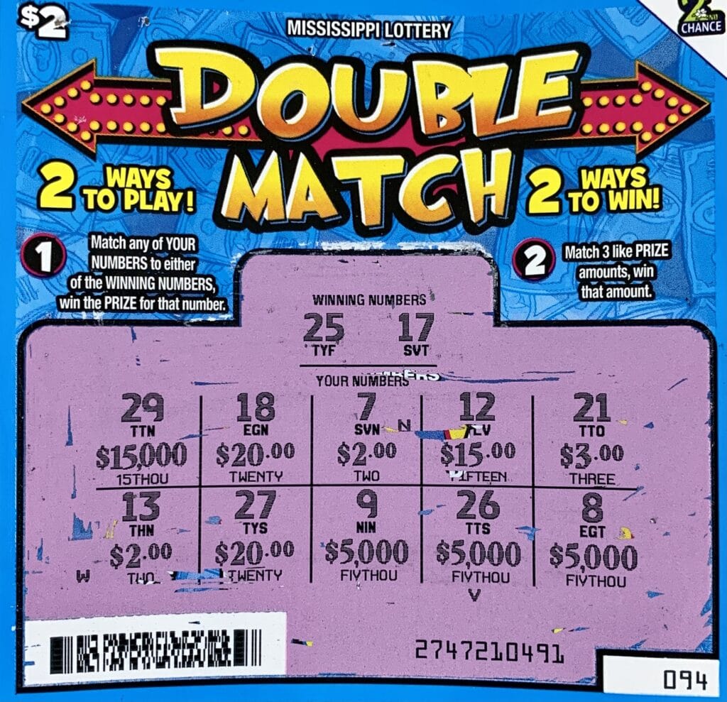 A Vancleave woman won $5,000 on a Double Match scratch-off game purchased from Clark Oil Company on Main St., Ocean Springs.