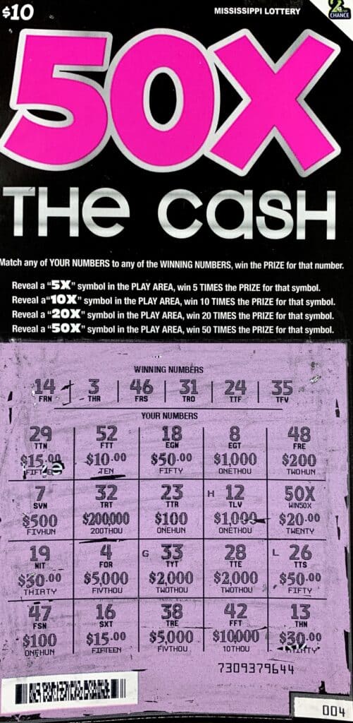 A Wesson woman won $1,000 on a 50x the Cash scratch-off game purchased from A One Stop #2 on Hwy. 84 E., Brookhaven.