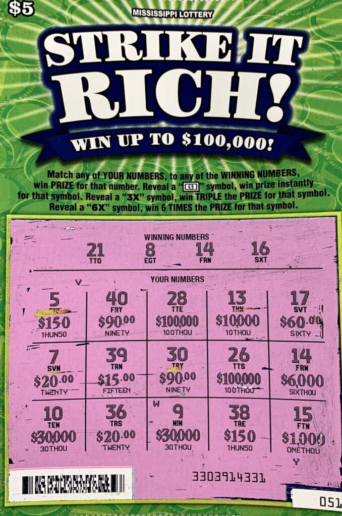 A Winona man won $6,000 on a Strike it Rich scratch-off game purchased from Bluesky #919 on Hwy. 82, Winona.