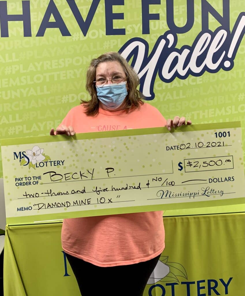 Becky P. of Pearl won $2,500 on a Diamond Mine 10x scratch-off game purchased from Cross Country Grocery on Old Brandon Rd., Brandon.