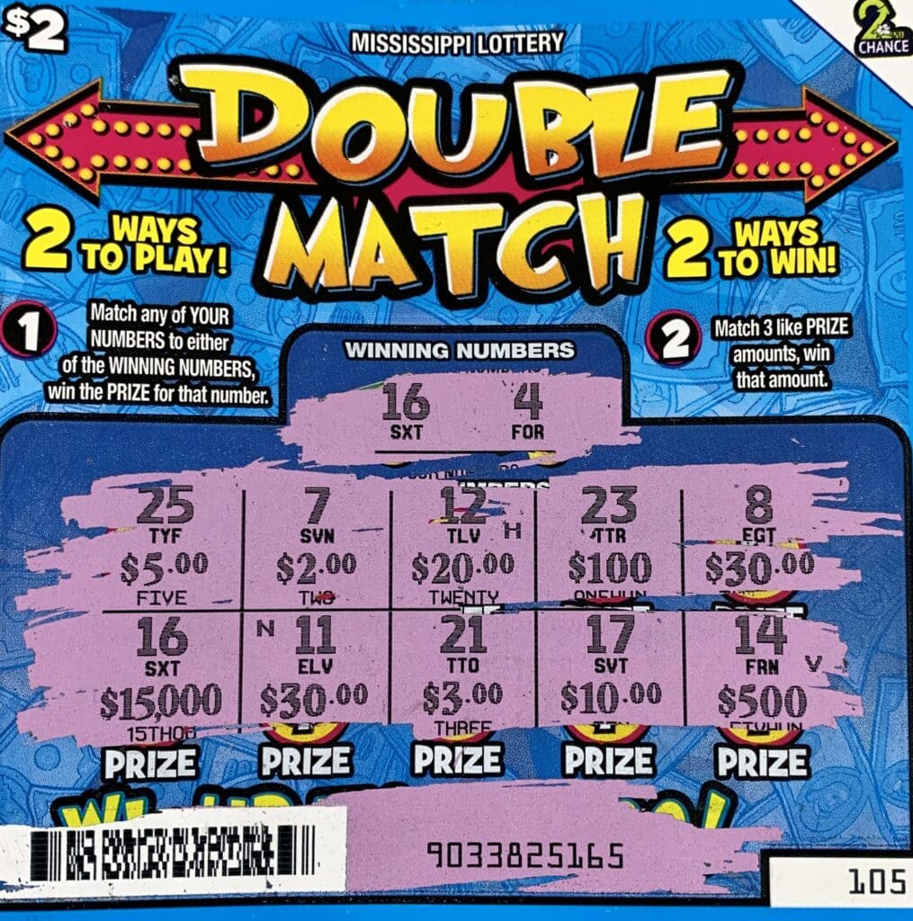 A Byram player won $15,000 on a Double Match scratch-off game purchased from Byram Gas on S. Siwell Rd., Byram.