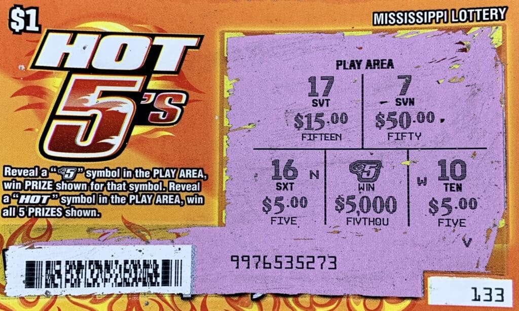 A Chickasaw County woman won $5,000 on a Hot 5’s scratch-off game purchased from Bluesky #727 on W. Main St., Tupelo.