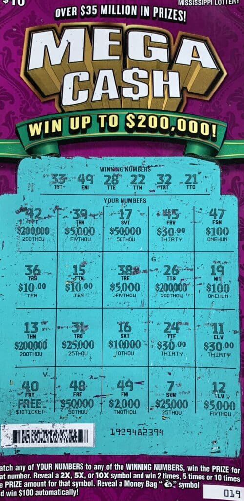 A Grenada man won $2,000 on a Mega Ca$h scratch-off game purchased from Sprint Mart on Sunset Dr., Grenada.