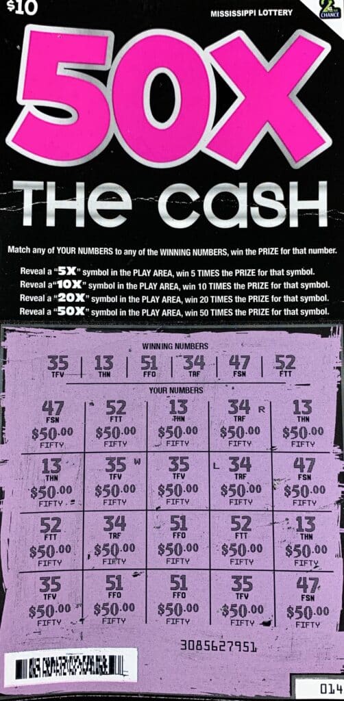 A Jackson man won $1,000 on a 50x the Cash scratch-off game purchased from Aden LLC on W. Capitol St., Jackson.