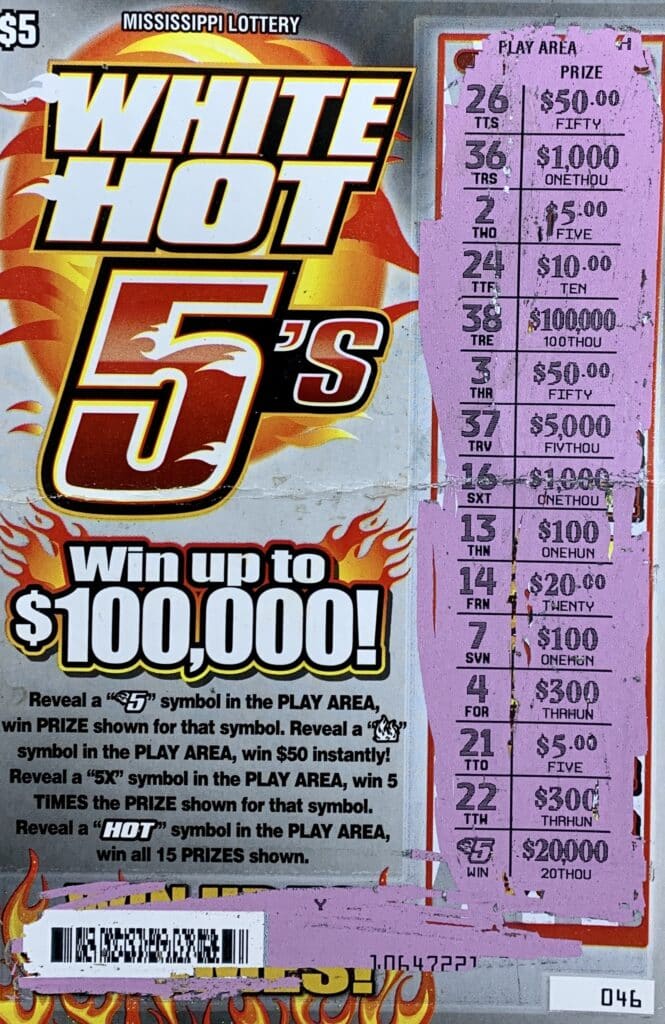 A Jackson man won $20,000 on a White Hot 5's scratch-off game purchased from Jasco 80 West LLC on Hwy. 80 W., Jackson.