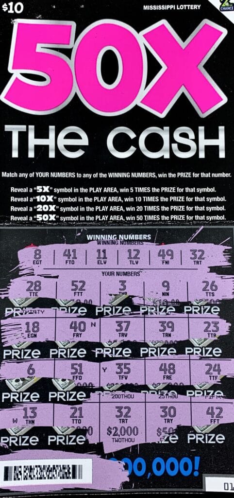 A Sumrall player won $2,000 on a 50x the Cash scratch-off game purchased from Fast Fill #5 LLC on Briarwood Dr., Jackson.