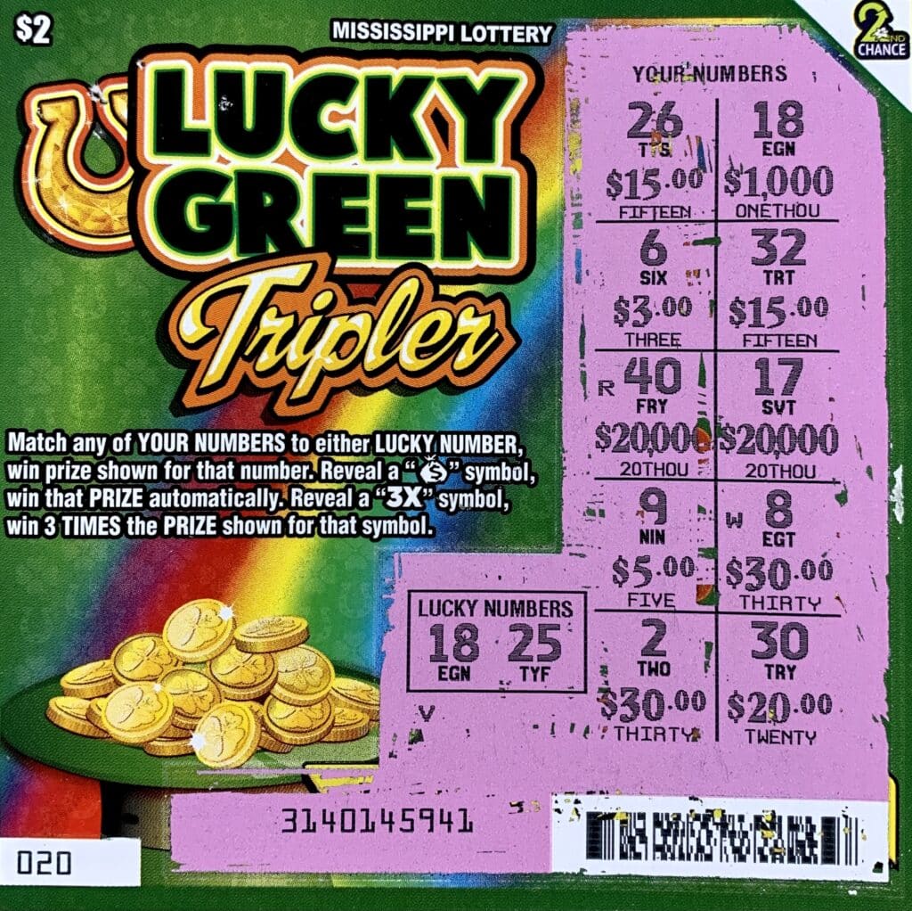 A Bay St. Louis man won $1,000 on a Lucky Green Tripler scratch-off game purchased from Smok N Ale on U.S. 90 W., Waveland.