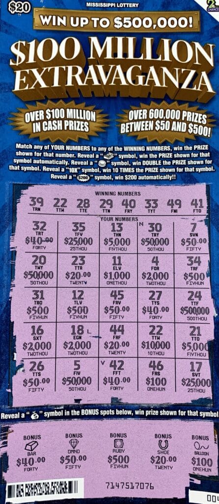 A Dixon Mills, Ala., man won $10,000 on a $100 Million Extravaganza scratch-off game purchased at Scooba Junction on U.S. 45, Scooba.