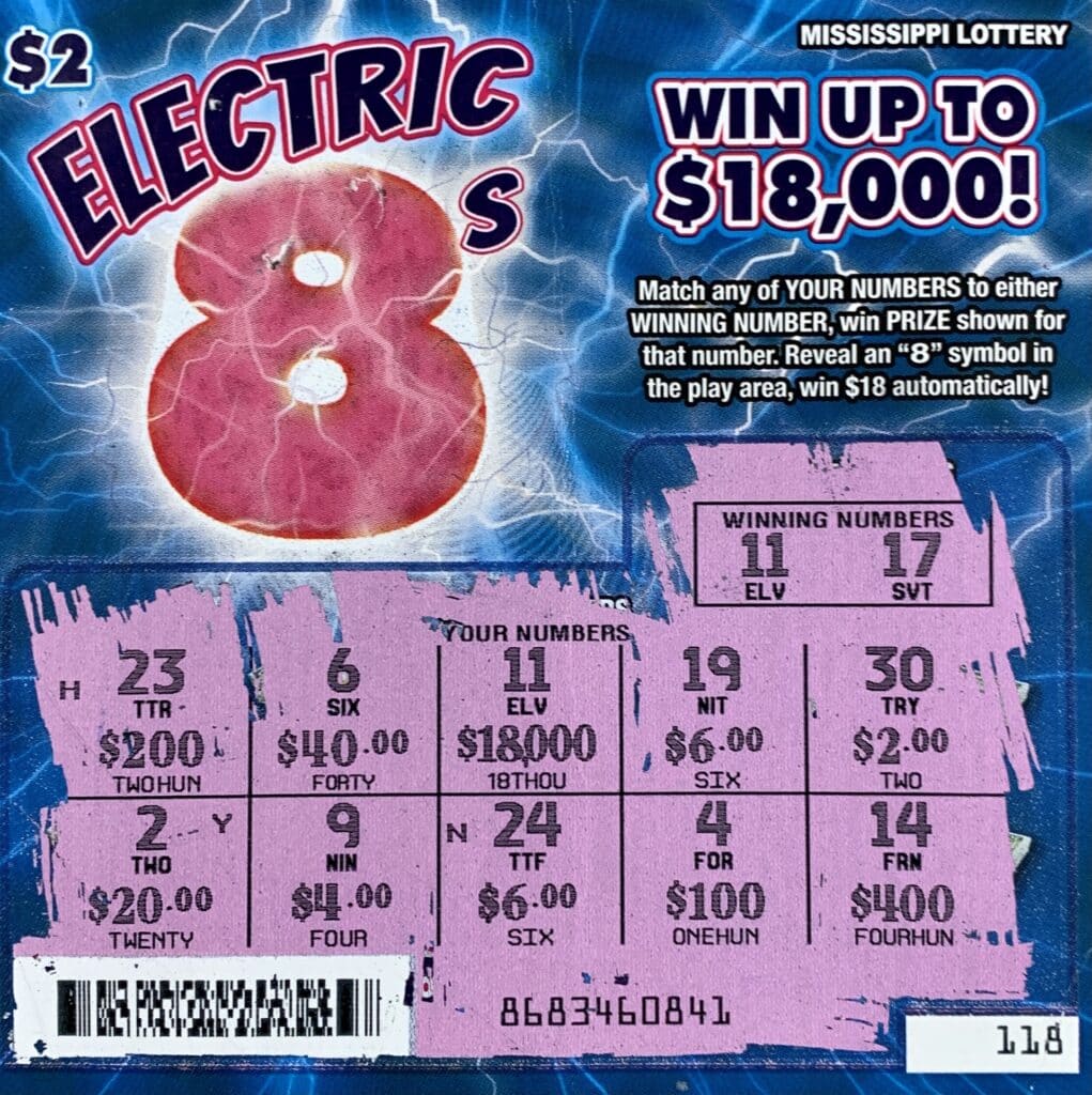 A Franklin County woman won $18,000 on an Electric 8s scratch-off game purchased at Tobacco Mart on Hwy. 51, Brookhaven.