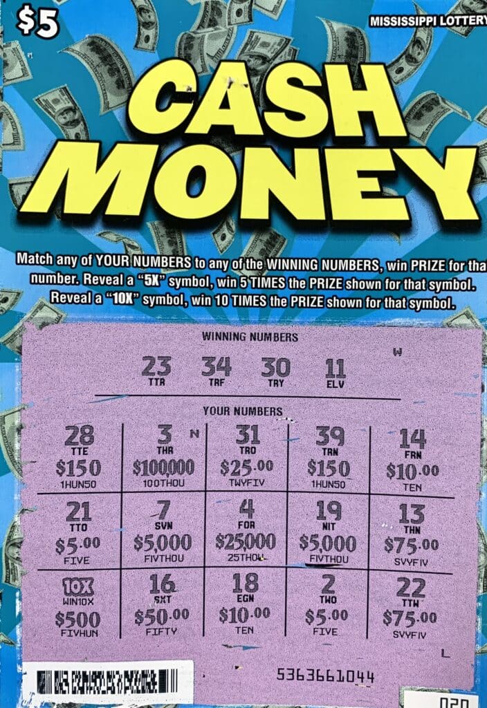 A Gulfport man won $5,000 on a Cash Money scratch-off game purchased from TCB Stop ‘N Geaux LLC on Hwy. 53, Gulfport.