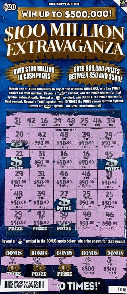 A Gulfport man won $2,000 on a $100 Million Extravaganza scratch-off game purchased at Quick Save on E. Hardy St., Hattiesburg.