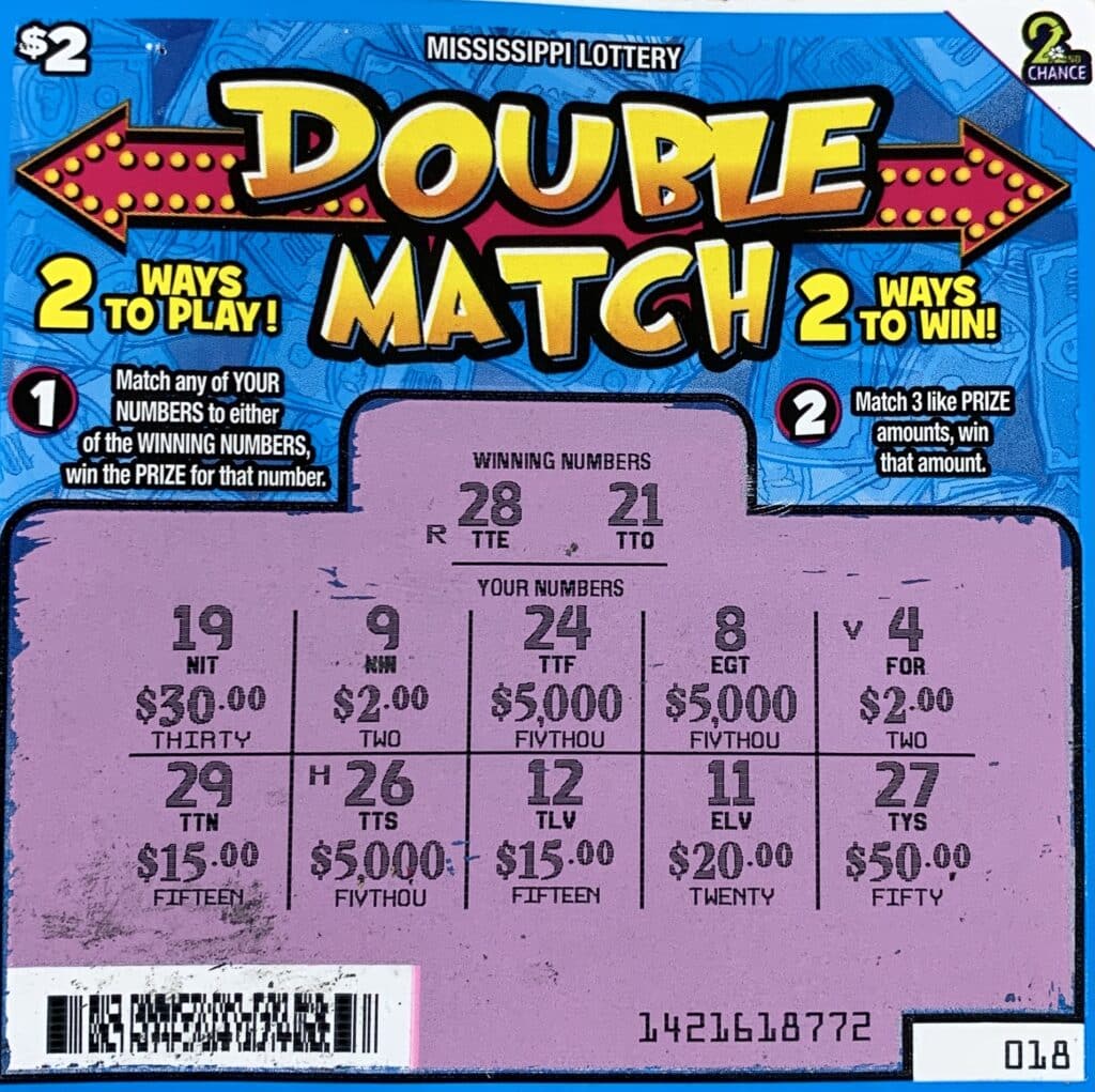 A Jackson player won $5,000 on a Double Match scratch-off game purchased at Fastway Exxon on Terry Rd., Jackson.