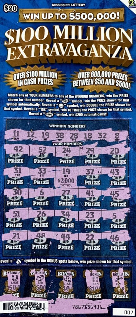 A Jefferson Davis County woman won $2,000 on a $100 Million Extravaganza scratch-off game purchased from D&B Discount Tobacco on Main St., Collins.