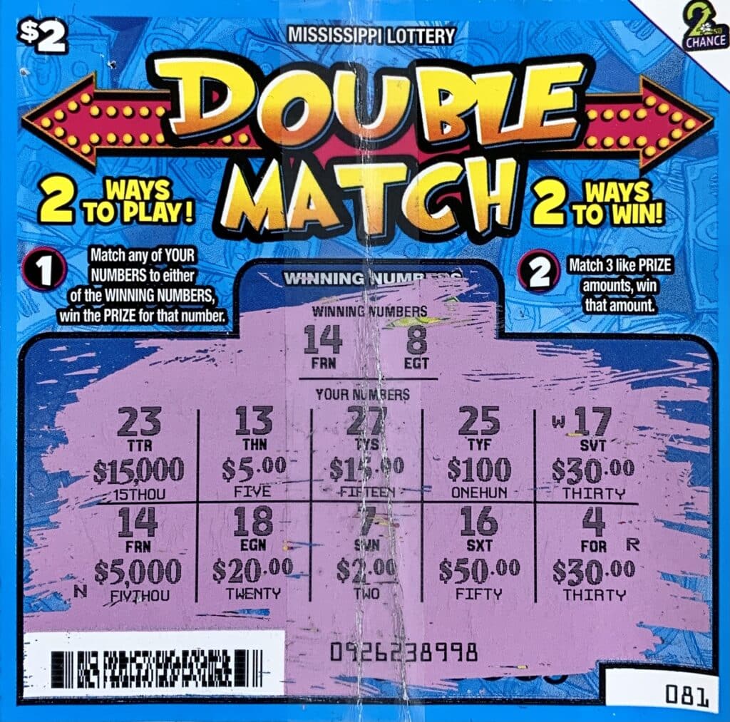 A Laurel woman won $5,000 on a Double Match scratch-off game purchased from Fast Mart 20 on N. Front St., Sandersonville.