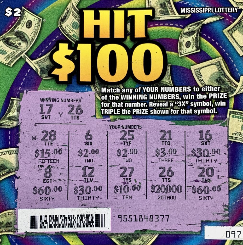 A Marshall County woman won $20,000 on a Hit $100 scratch-off game purchased at Speedy Food Mart #1 on Hwy. 178, Byhalia.