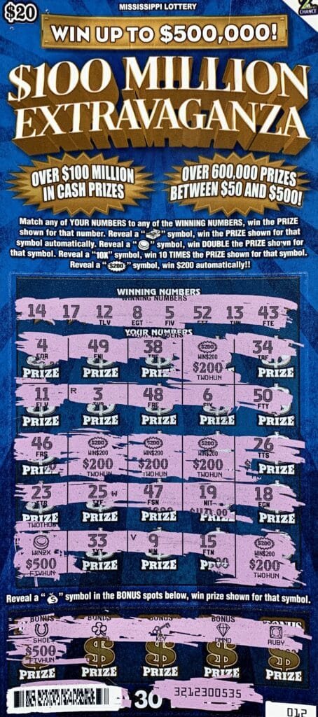 A Meridian man won $2,000 on a $100 Million Extravaganza scratch-off game purchased from Shell Express Lane LLC on Hwy. 493, Meridian.